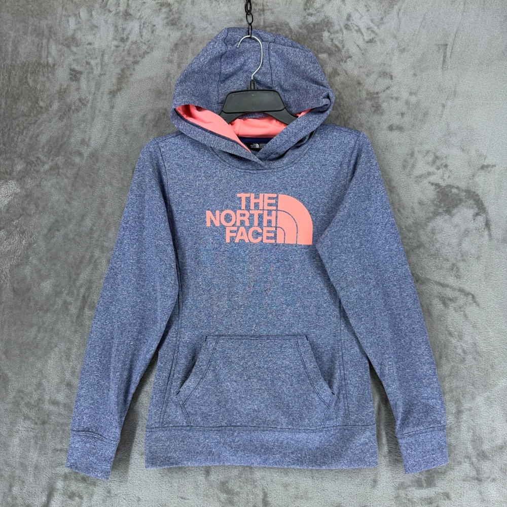 The North Face Womens Hoodie Blue Heather Coral Logo Pullover A6S1 Size S